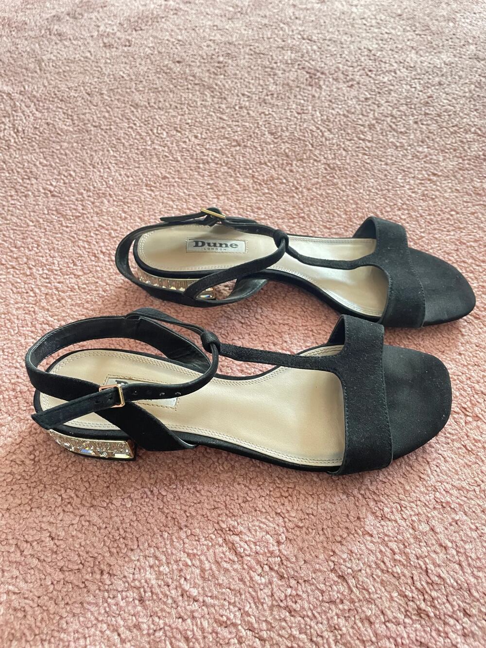 Dune London black ankle strap sandals with crystal block heel